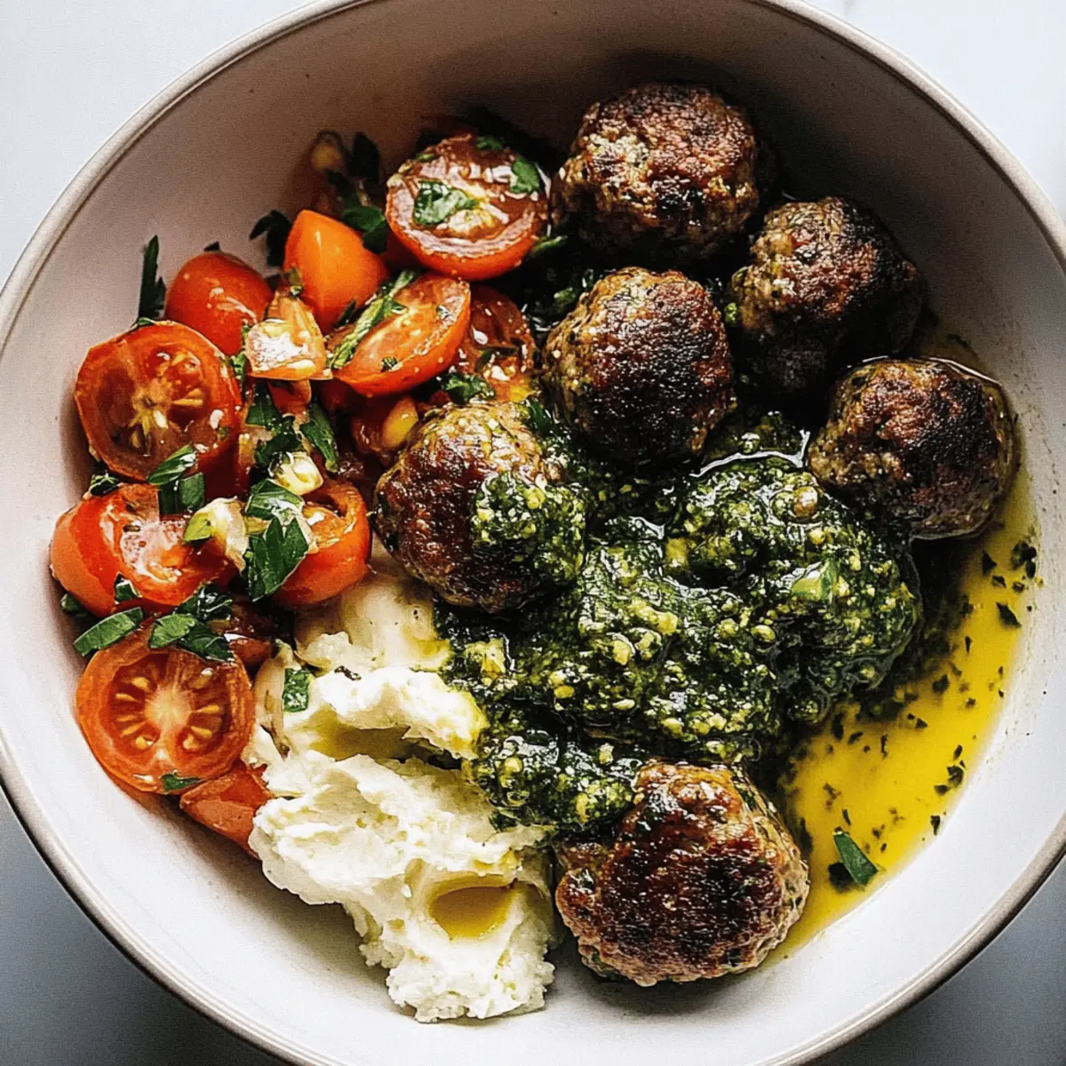 Sheet Pan Meatballs with Tomato Salad and Green Sauce