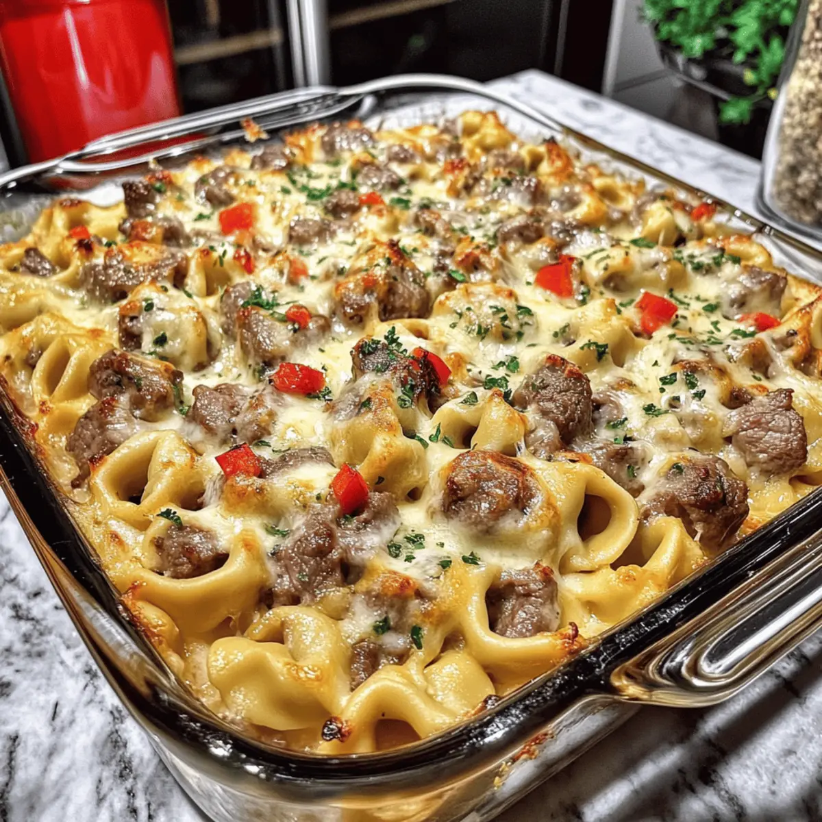 Golden Cheese Steak Tortellini Casserole for Cozy Nights 2 Golden Cheese Steak Tortellini Casserole kbmyoc
