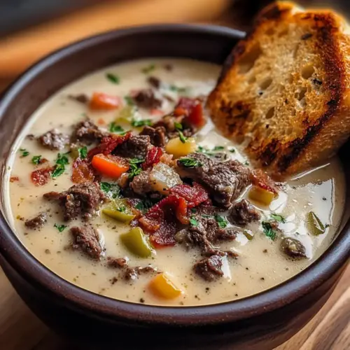 Philly Cheesesteak Soup with Bacon and Cheesy Toast