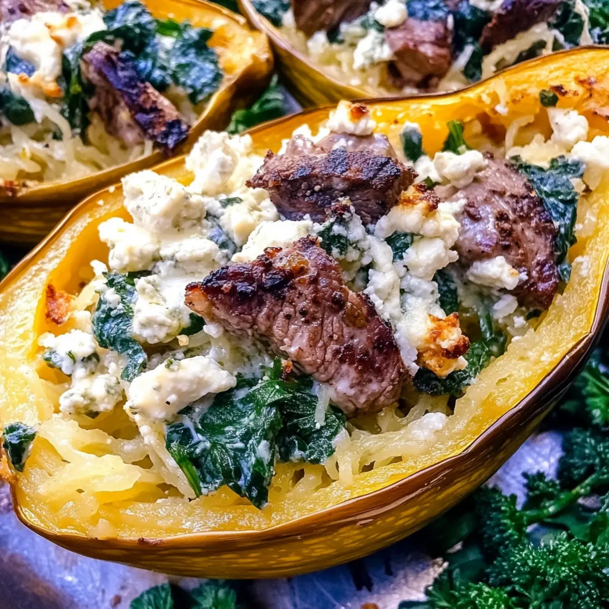 Steak Gorgonzola Alfredo Spaghetti Squash