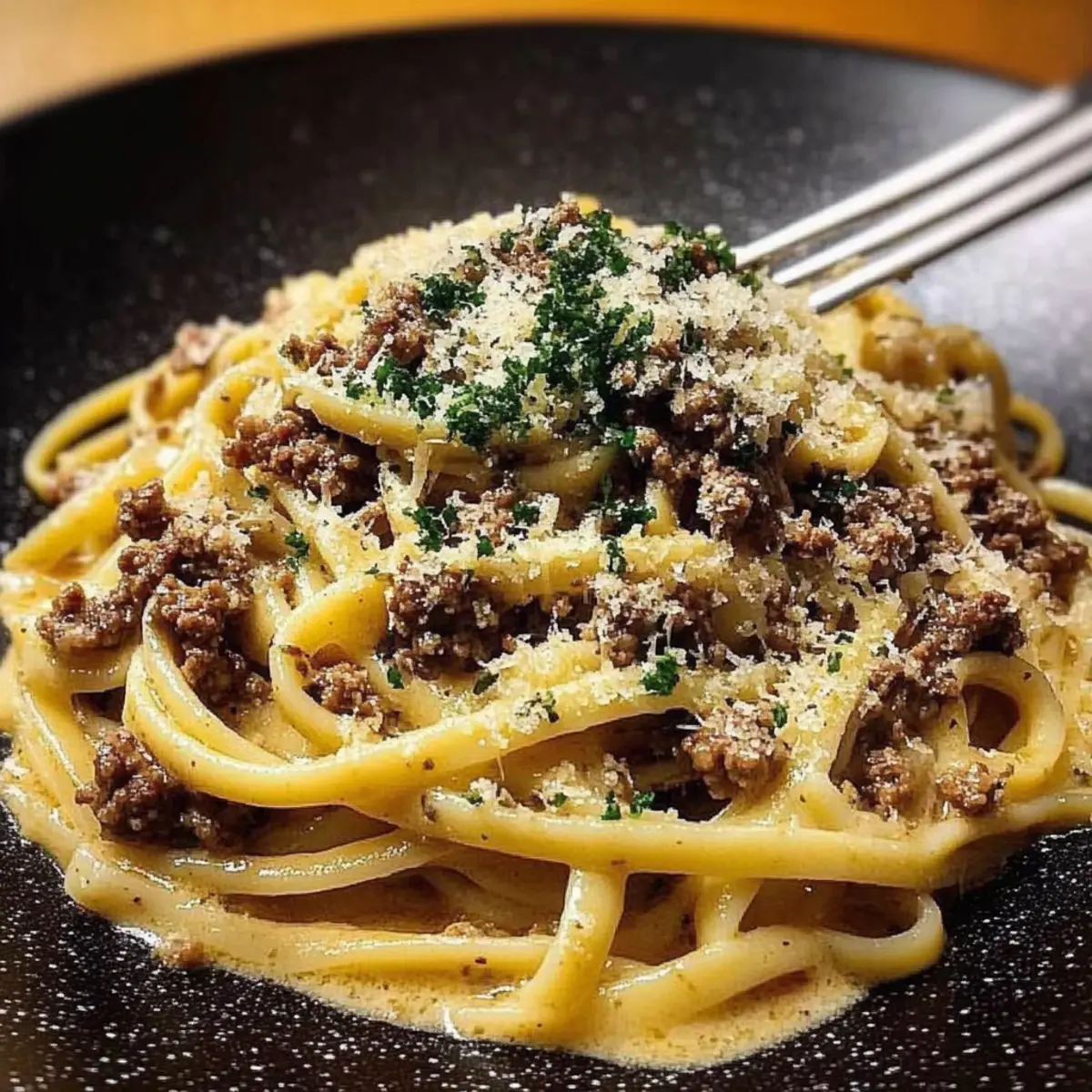 Creamy Parmesan Beef Linguine with Garlic Butter Sauce