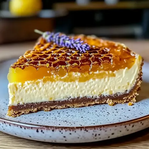 Indulge in the Ultimate Lemon Lavender Cheesecake with Honeycomb 2 Ultimate Lemon Lavender Cheesecake Topped with Honeycomb