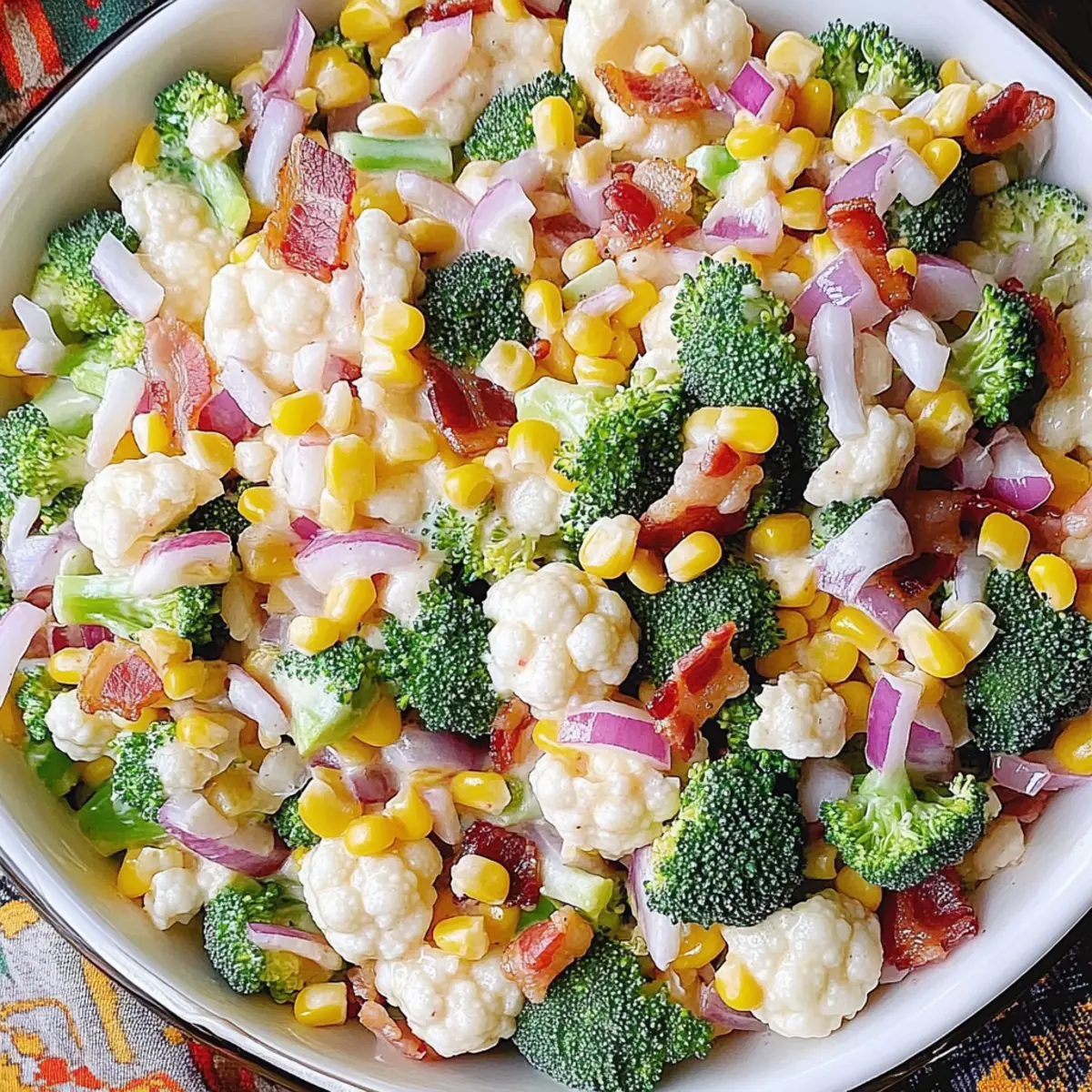 Creamy Broccoli, Cauliflower, Corn, Bacon Salad