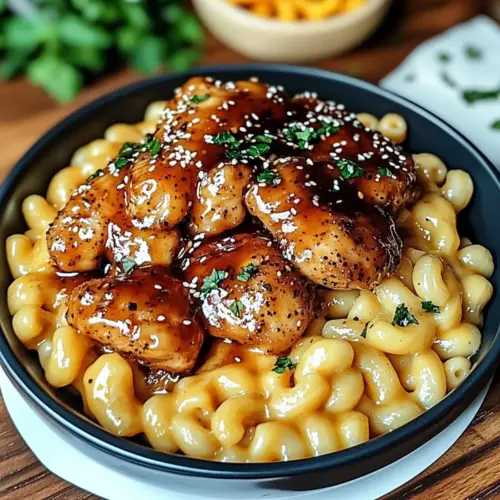 Sweet and Spicy Honey Pepper Chicken with Creamy Mac and Cheese