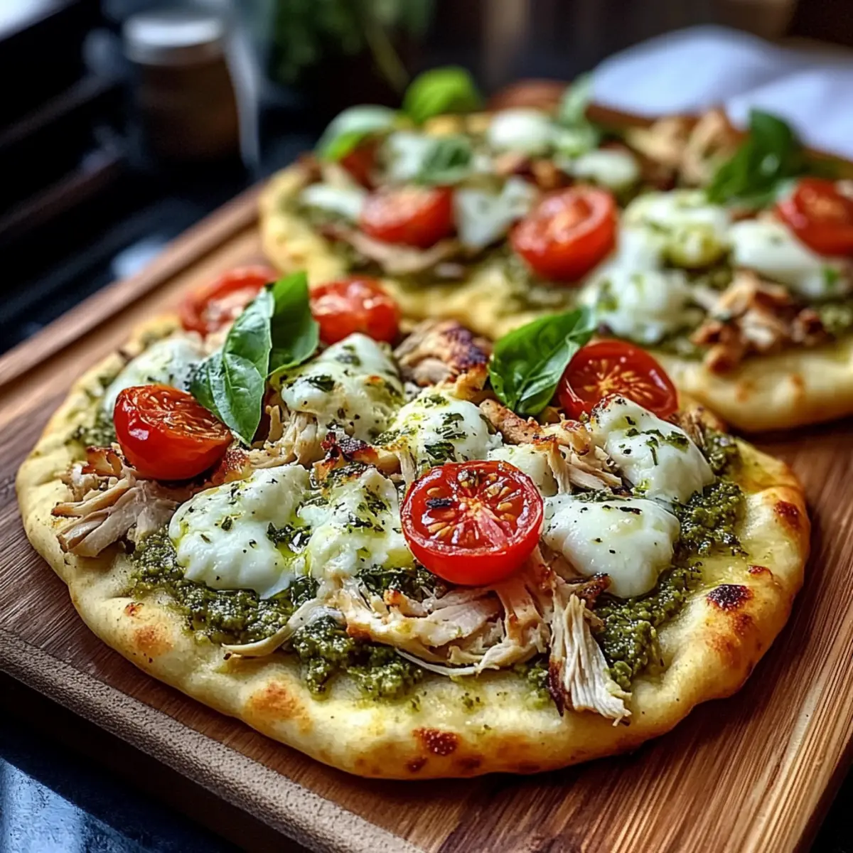 Pesto Chicken Flatbread with Mozzarella